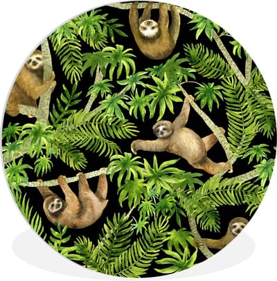 WallCircle® Wandcirkel 120x120 cm - Muurcirkel Luiaard - Palm - Patroon - Jongens - Meisjes - Kinderen - Kindje - Muurdecoratie woonkamer - Wanddecoratie slaapkamer - Kamer decoratie accessoires - Ronde schilderijen XXL