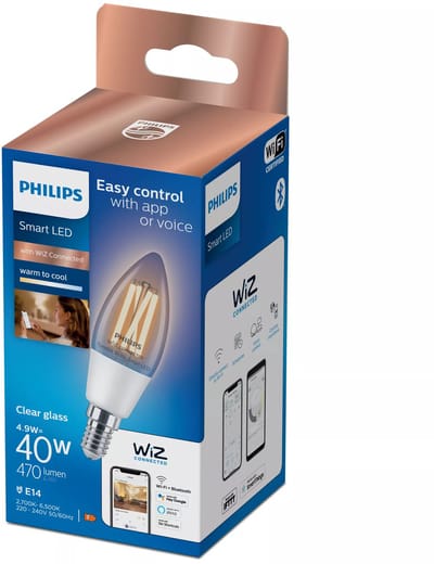 Philips Smart Lighting - Kaarslamp Filament - Slimme LED Verlichting - Warm tot Koelwit Licht - 470 lumen - E14 - 40W - Transparant - 1 stuk