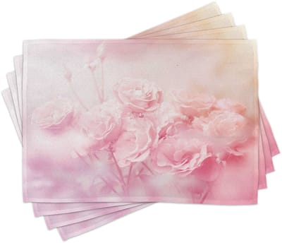 ABAKUHAUS Rozen-placematten, Dromerige voorjaars-natuurthema, romantische bloemstukken, tuinieren en perkplanten, wasbare en kleurvaste stof voor eetkamer en keuken, lichtroze