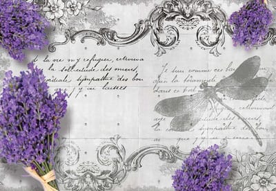 Fotobehang Lavender Flowers Dragonfly Vintage  | XXXL - 416cm x 254cm | 130g/m2 Vlies