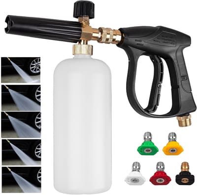 Autowaspistool - Met 5 snelkoppelsproeiers en Opschuimkan - Tuinslang Pistool - Spuitpistool - Hoge Druk Tuinspuit - Waterpistool - Tuinsproeier - Waterspuit - Met Verstelbare Straal - Met Drukknop - Voor Buiten, Huis, Garage, Terras, Tuin