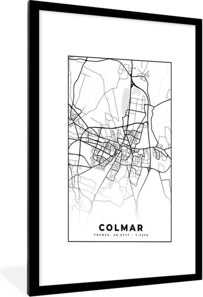 Fotolijst incl. Poster Zwart Wit- Colmar - Stadskaart - Frankrijk - Kaart - Plattegrond - Zwart wit - 60x90 cm - Posterlijst