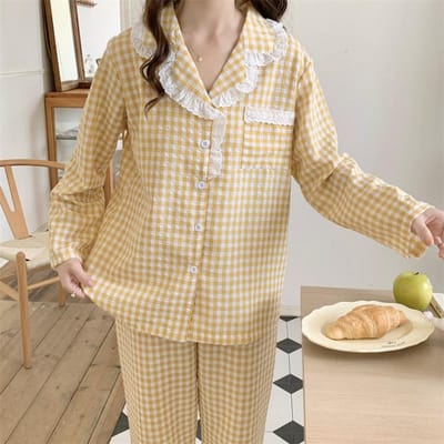 Japanse Stijl Lente Herfst Pyjama Set Dames 100% Katoen Lange Mouw Broek Tweedelig Geruit Kant Huispak M beige