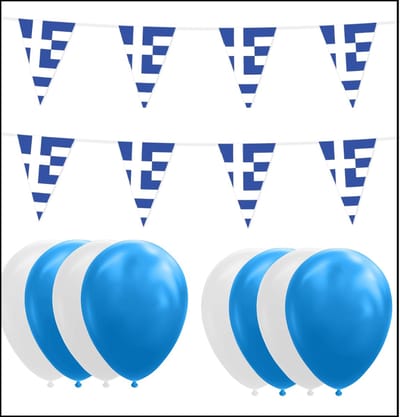 Griekenland feestpakket Big – 6x Vlaggenlijn 10 meter + 100 ballonnen blauw/wit - Versiering Slinger Feestdecoratie Decoratie