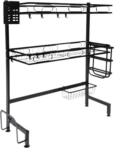 Afdruiprek opbergrek – Voor keuken boven de gootsteen – 2-laags multifunctioneel met antislip zuignappen – Zwart