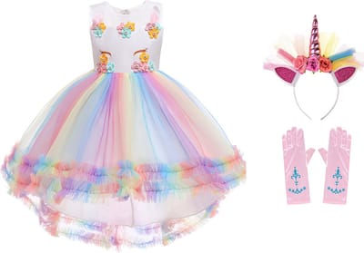 Unicorn jurk - Eenhoorn jurk - Prinsessenjurk meisje - maat 98 (100) Unicorn Haarband - Witte Jurk - Verkleedkleding Meisje
