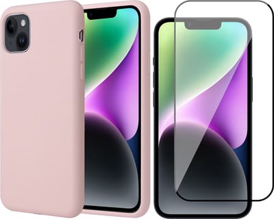 Hoesje geschikt voor iPhone 14 - Matte Back Cover Microvezel Siliconen Case Hoes Roze - Full Tempered Glass Screenprotector