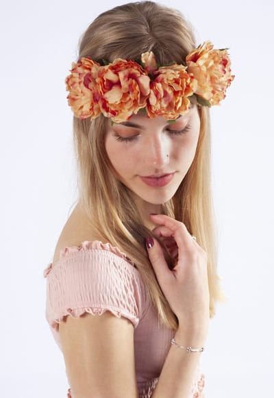 KIMU® Bloemenkrans Haar Pioenrozen Oranje - Koraal Bloemen Haarband Diadeem - Bohemian Bloemetjes - Nimf Boho Festival