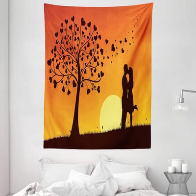 ABAKUHAUS Kussentapijt, Love Tree Romantisch Stel, Woonkamer Slaapkamer Wanddoek Zijdezacht Satijn Wandtapijt, 150 x 200 cm, Zegel Bruin Verbrand Oranje