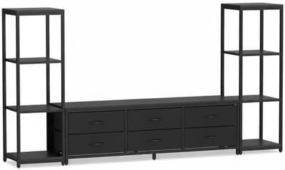 TV-meubel in industriële stijl- met twee planken en zes stoffen lades- voor de woonkamer of slaapkamer- geschikt voor tv's tot 75 inch- zwart