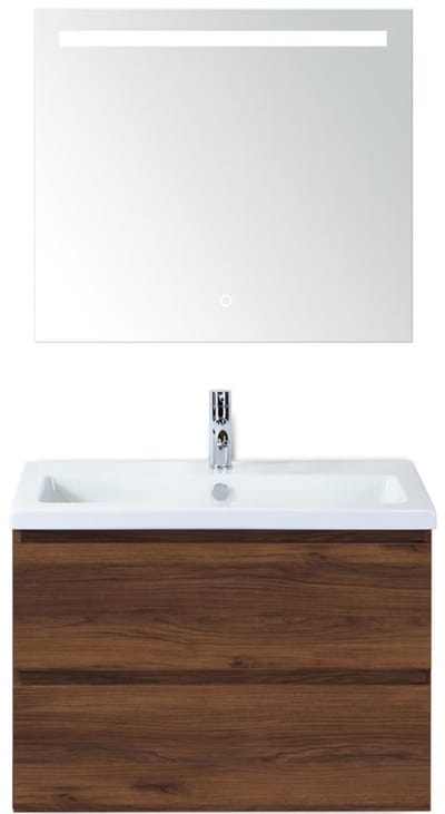 Vogue Badmeubelset 80 cm - Greeplijst in Kleur - Walnoot - Keramische Wastafel Wit 1 Kraangat met Sence Spiegel