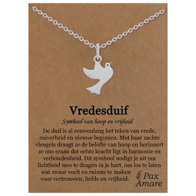 Stainless Steel Vredesduif Ketting op Cadeau Kaartje Zilverkleurig - 45cm + 5cm Verstelbaar Roestvrij Staal - Schattige Cadeau Hanger - Pax Amare