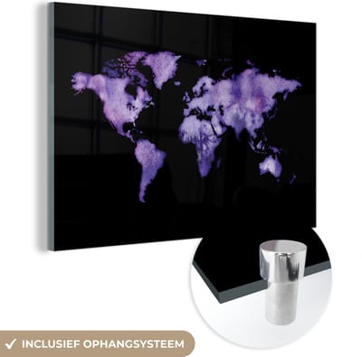 ® Glasschilderij 150x100 cm - Schilderij acrylglas - Wereldkaart - Waterverf - Lila - Foto op glas - Muurdecoratie woonkamer - Wanddecoratie slaapkamer - Schilderijen