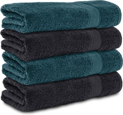 Komfortec handdoeken – Set van 4 - Badhanddoek 70x140 cm - 100% Katoen – Zwart&Petroleumblauw