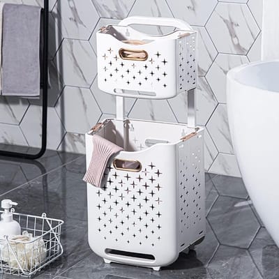 Wasmand Opvouwbaar - Kleding Opslag - Ruimte Besparen - Met Wielen en Handgrepen - 75 cm Hoog - Wit