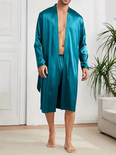 ochtendjas badjas heren blaiw satijn sexy goedkoop huispak nachtkleding boxer