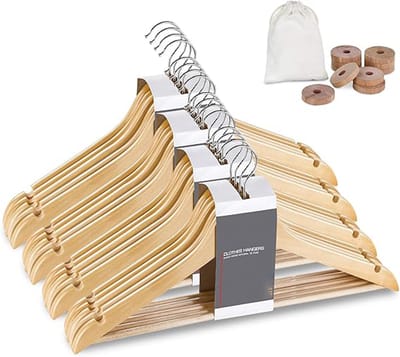 Famanu – Set van 20 houten kleerhangers met broeklat en antislipgroeven, ruimtebesparend – Natuur