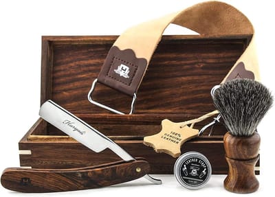 Haryali London Luxe Scheerset – 5-delige scheermesset met houten geschenkdoos, scheerkwast, leren strop en slijppasta – Traditioneel nat scheren voor mannen