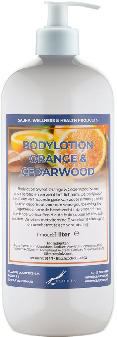 Bodylotion Sweet Orange & Cedarwood 1 Liter met witte pomp - stijlvolle en duurzame uitstraling