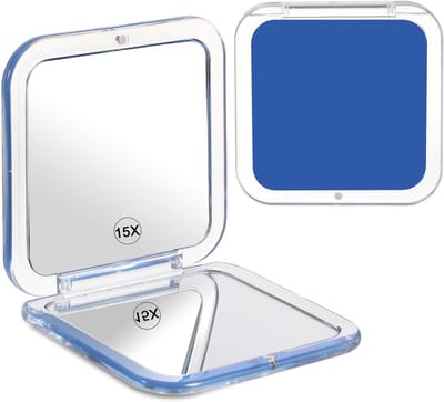 Folding Makeup Mirror met 15x Vergroting - Dubbelzijdige Makeup Spiegel - Draagbare Reis Spiegels - Kleine Pocket Spiegel - Compacte Spiegel voor Handtassen - Kantoor - Vrouwen - Blauw
