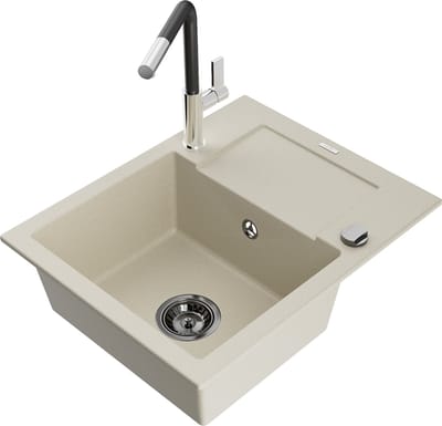 Mexen Enzo granieten gootsteen 1-komers met afdruiprek en keukenmengkraan Flora, beige - 6506-69-670401-07-B