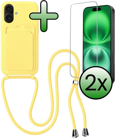 Hoes Geschikt voor iPhone 16 Plus Hoesje Pas Houder Case Hoes Met Koord Met 2x Screenprotector - Hoesje Geschikt voor iPhone 16 Plus Hoes Met Telefoonkoord Pasjeshouder Cover - Geel