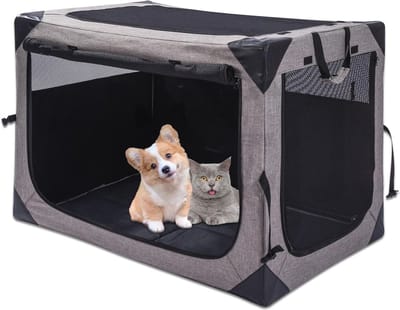 Hondenbench van 90 x 60 x 60 cm, grote hondenbench voor grote of middelgrote honden, draagbaar en opvouwbaar ontwerp van hondenkooi, perfect voor op reis of thuis, hondenhok met 3-deurs en duurzame