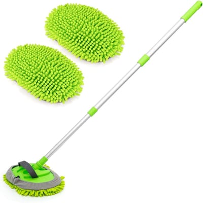 2-in-1 autowasborstel - Telescopische microvezel koraal chenille autowasmop - 180° draaibare autowashandschoenen - Met telescopische steel - Geschikt voor auto's, campers, vrachtwagens, campers en bromfietsen - Groen - 110 cm