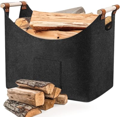 Vilten mand voor haardhout, XL brandhoutmand, houten mand van vilt, opvouwbaar, met versterkte houten handgreep, voor boodschappen, kranten of brandhout, 45 x 32 x 40 cm, donkergrijs