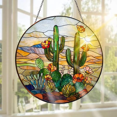 Handgemaakte Raamdecoratie van Cactus in Glas voor Binnen en Buiten - Perfect voor Tuin, Kerstfeest en Venster, 20 x 20 cm