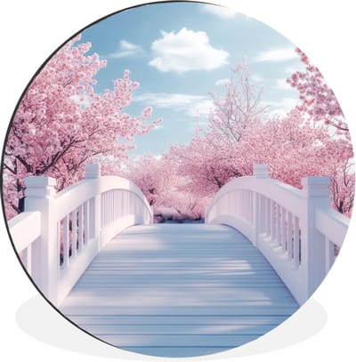 WallCircle - Wandcirkel - Muurcirkel - Brug - Kersenbomen - Wit - Aluminium - Dibond - 30x30 cm - Binnen en Buiten