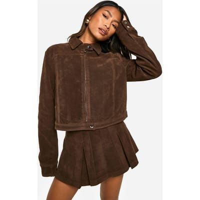 boohoo Dames Vintage Look Faux Suede Jasje met Kraag | Chocolate | Maat: 14