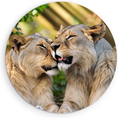 Saammp Muurcirkel Hout - Leeuwen - liefdevol - Dieren - Natuur - Ø 90 - Wandcirkel - Wanddecoratie Cirkel - Muurdecoratie Woonkamer - Slaapkamer decoratie - Rond Schilderij