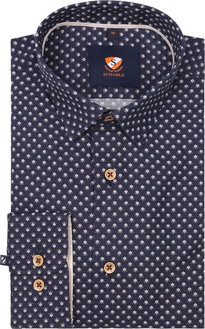 Suitable Overhemd Print Donkerblauw 267-10 - Maat 39 - Heren - Casual Shirt