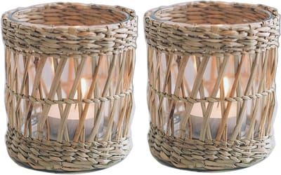 Set van 2 Handgemaakte Wicker Theelichthouders, Vintage Seagrass Votive Kaarsenhouders voor Tafeldecoratie en Keukenaccessoires