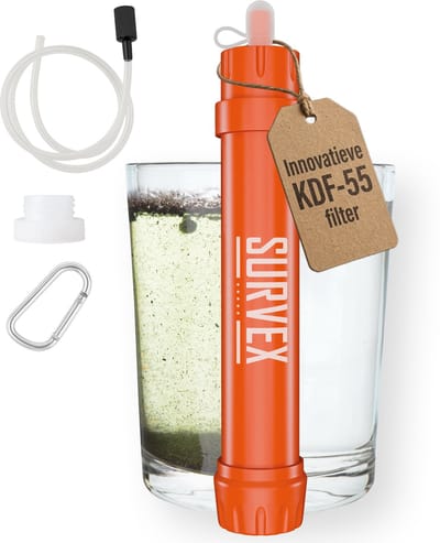 SURVEX Personal Water Filter Straw XL 4000L – Uniek KDF-55 filter – Waterfilter Survival & Outdoor – BPA-vrij – Noodpakket voor Thuis – Complete Set Waterzuiveringsapparaat – Drinkfles Waterzuivering Outdoor – Overlevingspakket – Oranje