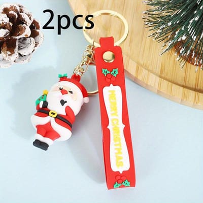 Lot de 2 porte-clés de Noël en PVC souple, motif Père Noël, bonhomme de neige, breloque de sac, cadeau de Noël pour amis E red