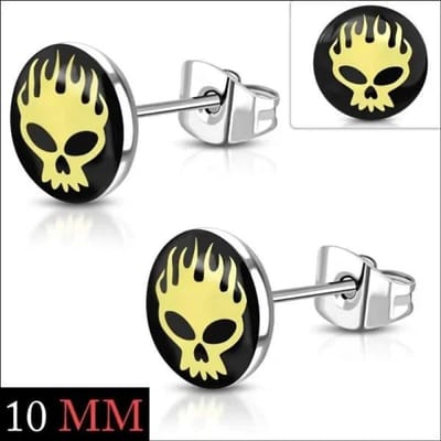 Aramat Jewels | Oorbellen | Stalen Doodshoofd Oorbellen | Zwart-Geel-10mm | |8mm | Staal | Kinderen, Volwassenen | Verkleurd niet