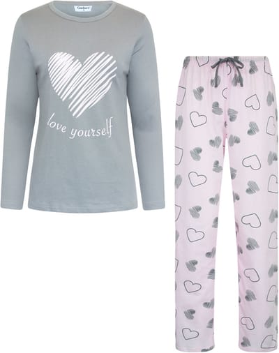 Gaubert Essential Dames Pyjama Lange Mouw - Broek met Zakken - Premium Gekamd Katoen - Love Yourself - Grijs - Maat S - GB-2801