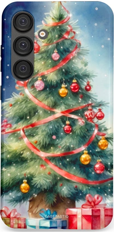 Casetastic hoesje geschikt voor Samsung Galaxy S25 Plus - Dubbellaagse bescherming - Aquarel Kerstboom Cadeau - Fashion Case - Grijs Donkerblauw Saliegroen Beige