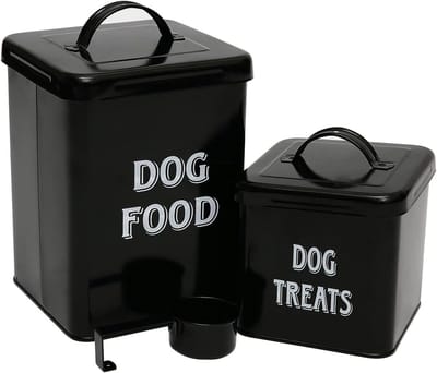 Honden- en kattenvoeropslag met schep - Poedercoating van koolstofstaal - Luchtdichte blikken voor dierenvoer - Zwart, duurzaam en praktisch