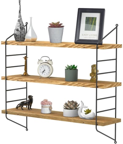Hutjemutje - wandplank - wandplanken - zwevende planken - 3 laags - industrieel - hout - metaal - 58x15x54.5cm - bruin - zwart