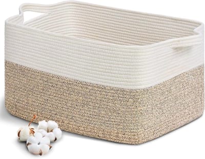 gevlochten wasmand van katoen, 63 l, met handvat, 55 x 30 cm, wasmand met katoenen touw, opvouwbare opbergmand, voor kleding, speelgoed, wasgoed, woonkamer, slaapkamer, badkamer