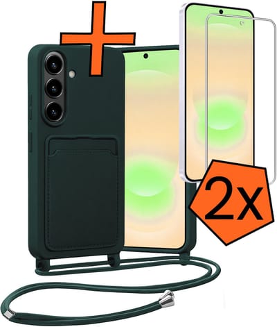 Hoesje Geschikt voor Samsung A37 Hoes Met Telefoonketting Met 2x Screenprotector - Backcover Geschikt voor Samsung Galaxy A37 Case Met Koord - Donkergroen