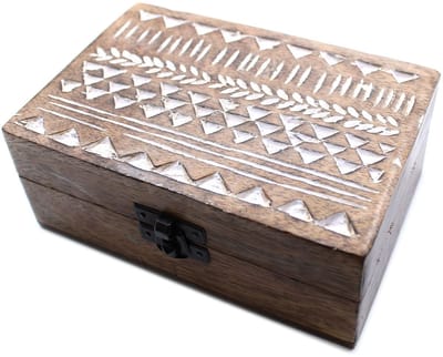 Ancient Wisdom - Decoratieve schaal - Witgewassen houten doos 15x10x6 cm - sieradenbox - cadeauverpakking - handgemaakt - mango hout - opbergdoos - decoratie - houten box
