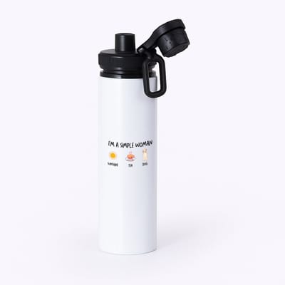 Hacebo® - I'm a simple woman sunshine, tea, dog waterfles met draaidop zwart - Quotes - vrouwen die simpel zijn - quotes - verjaardagscadeau - verjaardag - cadeau - kado - geschenk - gift - water fles - 850ML