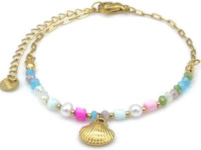 Dames Armband – RVS – Glaskralen & Schelp – Boho Stijl – Verstelbaar 16-21cm