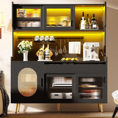 REDOM - Buffetkast met LED-lichtstrip - Met opbergruimte en schappen - MDF - Retro-simpele stijl - Zwart - 145 x 39 x 171 cm
