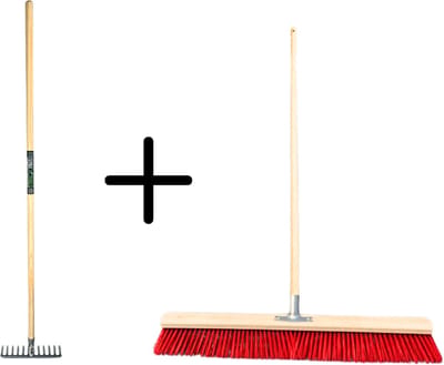 Synx Tools Tuinhark 8 Tanden verzinkt + Nylon Stal Straatbezem 80 cm – Kunststof haren - Bodembewerkers - Onkruidverwijderaar – Schrobborstels – Hark met steel 150 cm – Buitenbezem met steel 150 cm
