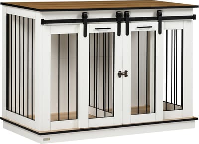 Hondenbench - Hondenkooi - Hondenmeubel-Binnen hondenhok – Scheidingswand – 2 deuren – Metalen tralies - Rustiek - Voor binnen - 120x60x88,5cm- 2-in-1-Wit
